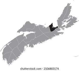 Black flat blank highlighted location map of the ANTIGONISH COUNTY inside gray administrative map of counties of Canadian province of Nova Scotia, Canada