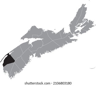 Black flat blank highlighted location map of the DIGBY COUNTY inside gray administrative map of counties of Canadian province of Nova Scotia, Canada