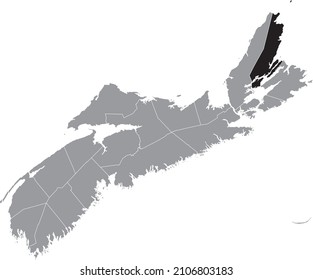 Black flat blank highlighted location map of the VICTORIA COUNTY inside gray administrative map of counties of Canadian province of Nova Scotia, Canada