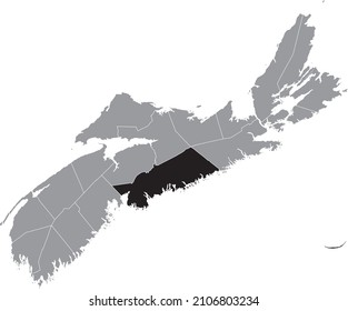 Black flat blank highlighted location map of the HALIFAX COUNTY inside gray administrative map of counties of Canadian province of Nova Scotia, Canada