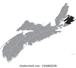 Black flat blank highlighted location map of the CAPE BRETON COUNTY inside gray administrative map of counties of Canadian province of Nova Scotia, Canada