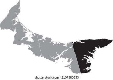 Black flat blank highlighted location map of the KINGS COUNTY inside gray administrative map of counties of Canadian province of Prince Edward Island, Canada