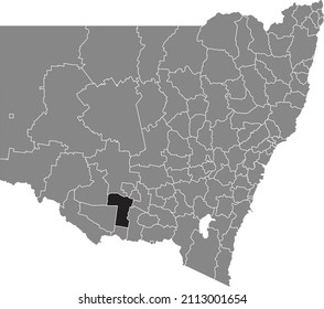 Black flat blank highlighted location map of the MURRUMBIDGEE COUNCIL AREA inside gray administrative map of districts of Australian state of New South Wales, Australia