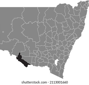 Black flat blank highlighted location map of the MURRAY RIVER COUNCIL LOCAL GOVERNMENT AREA inside gray administrative map of districts of Australian state of New South Wales, Australia
