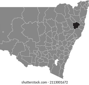 Black flat blank highlighted location map of the WALCHA SHIRE AREA inside gray administrative map of districts of Australian state of New South Wales, Australia