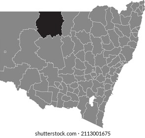 Black flat blank highlighted location map of the BOURKE SHIRE AREA inside gray administrative map of districts of Australian state of New South Wales, Australia