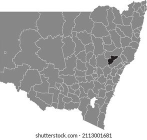 Black flat blank highlighted location map of the MUSWELLBROOK SHIRE AREA inside gray administrative map of districts of Australian state of New South Wales, Australia