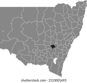 Black flat blank highlighted location map of the COWRA SHIRE AREA inside gray administrative map of districts of Australian state of New South Wales, Australia