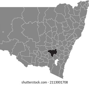 Black flat blank highlighted location map of the HILLTOPS COUNCIL AREA inside gray administrative map of districts of Australian state of New South Wales, Australia