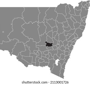 Schwarze, flache, hervorgehobene Ortskarte des FORBES SHIRE-Gebiets in grauer Verwaltungskarte der Bezirke des australischen Bundesstaates New South Wales, Australien