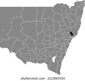 Black flat blank highlighted location map of the DUNGOG SHIRE AREA inside gray administrative map of districts of Australian state of New South Wales, Australia