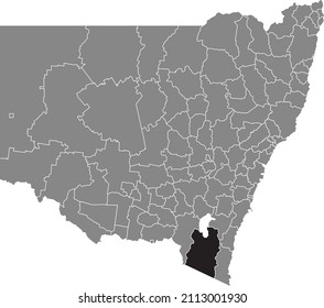Black flat blank highlighted location map of the SNOWY MONARO REGIONAL COUNCIL AREA inside gray administrative map of districts of Australian state of New South Wales, Australia