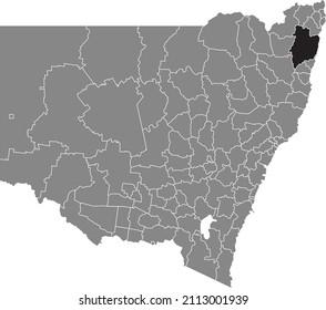 Black flat blank highlighted location map of the CLARENCE VALLEY COUNCIL LOCAL GOVERNMENT AREA inside gray administrative map of districts of Australian state of New South Wales, Australia