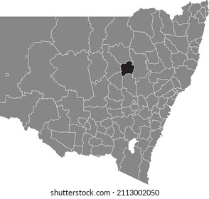 Black flat blank highlighted location map of the GILGANDRA SHIRE AREA inside gray administrative map of districts of Australian state of New South Wales, Australia