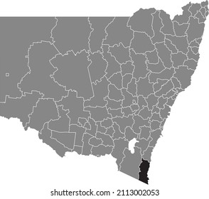 Black flat blank highlighted location map of the BEGA VALLEY SHIRE AREA inside gray administrative map of districts of Australian state of New South Wales, Australia