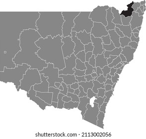 Black flat blank highlighted location map of the TENTERFIELD SHIRE AREA inside gray administrative map of districts of Australian state of New South Wales, Australia