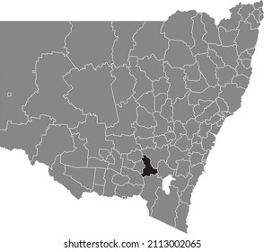 Mapa de ubicación resaltado en blanco y negro del ÁREA DEL CONSEJO REGIONAL COOTAMUNDRA-GUNDAGAI dentro del mapa administrativo gris de los distritos del estado australiano de Nueva Gales del Sur, Australia