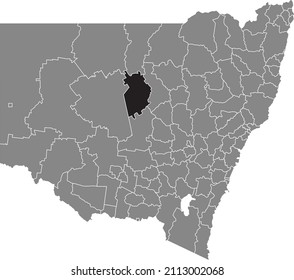 Black flat blank highlighted location map of the BOGAN SHIRE AREA inside gray administrative map of districts of Australian state of New South Wales, Australia