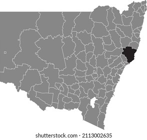 Black flat blank highlighted location map of the MID-COAST COUNCIL AREA inside gray administrative map of districts of Australian state of New South Wales, Australia