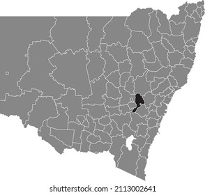 Black flat blank highlighted location map of the BATHURST REGIONAL AREA inside gray administrative map of districts of Australian state of New South Wales, Australia