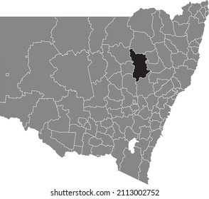 Black flat blank highlighted location map of the WARRUMBUNGLE SHIRE AREA inside gray administrative map of districts of Australian state of New South Wales, Australia