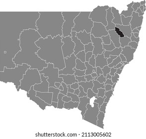 Black flat blank highlighted location map of the URALLA SHIRE AREA inside gray administrative map of districts of Australian state of New South Wales, Australia
