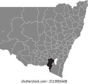 Black flat blank highlighted location map of the SNOWY VALLEYS COUNCIL AREA inside gray administrative map of districts of Australian state of New South Wales, Australia