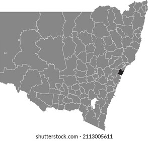 Black flat blank highlighted location map of the CENTRAL COAST COUNCIL LOCAL GOVERNMENT AREA inside gray administrative map of districts of Australian state of New South Wales, Australia