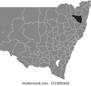 Black flat blank highlighted location map of the ARMIDALE REGIONAL COUNCIL AREA inside gray administrative map of districts of Australian state of New South Wales, Australia
