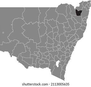 Black flat blank highlighted location map of the GLEN INNES SEVERN COUNCIL AREA inside gray administrative map of districts of Australian state of New South Wales, Australia