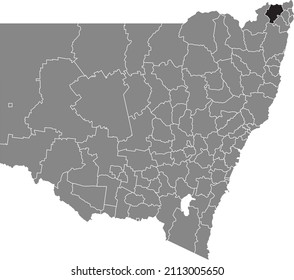 Black flat blank highlighted location map of the KYOGLE COUNCIL AREA inside gray administrative map of districts of Australian state of New South Wales, Australia