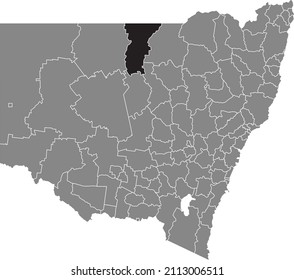 Black flat blank highlighted location map of the BREWARRINA SHIRE AREA inside gray administrative map of districts of Australian state of New South Wales, Australia