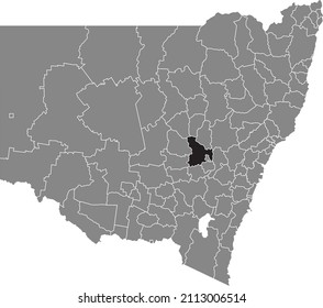 Black flat blank highlighted location map of the CABONNE SHIRE AREA inside gray administrative map of districts of Australian state of New South Wales, Australia