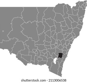 Black flat blank highlighted location map of the WINGECARRIBEE SHIRE AREA inside gray administrative map of districts of Australian state of New South Wales, Australia