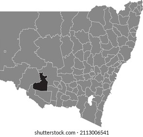 Black flat blank highlighted location map of the HAY SHIRE AREA inside gray administrative map of districts of Australian state of New South Wales, Australia