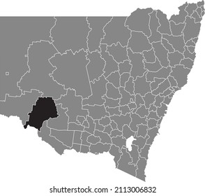 Black flat blank highlighted location map of the BALRANALD SHIRE LOCAL GOVERNMENT AREA inside gray administrative map of districts of Australian state of New South Wales, Australia