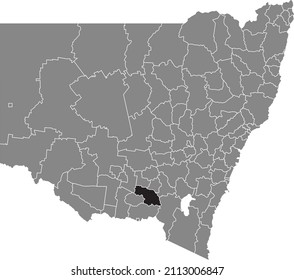 Black flat blank highlighted location map of the CITY OF WAGGA WAGGA AREA inside gray administrative map of districts of Australian state of New South Wales, Australia