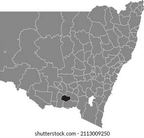 Black flat blank highlighted location map of the LOCKHART SHIRE AREA inside gray administrative map of districts of Australian state of New South Wales, Australia