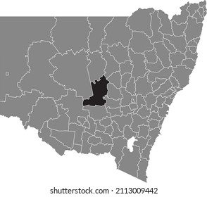 Black flat blank highlighted location map of the LACHLAN SHIRE AREA inside gray administrative map of districts of Australian state of New South Wales, Australia