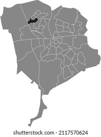 Black flat blank highlighted location map of the MUIZENBERG NEIGHBORHOOD inside gray administrative map of Breda, Netherlands