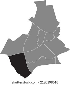 Black flat blank highlighted location map of the DUKENBURG DISTRICT inside gray administrative map of Nijmegen, Netherlands