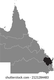Black flat blank highlighted location map of the WIDE BAY–BURNETT REGION inside gray administrative map of regions of the Australian state of Queensland, Australia