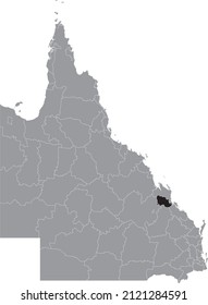 Black flat blank highlighted location map of the ROCKHAMPTON REGION AREA inside gray administrative map of areas of the Australian state of Queensland, Australia