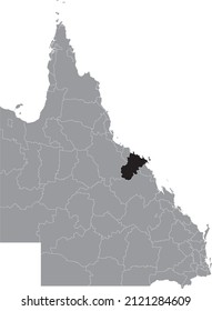 Black flat blank highlighted location map of the WHITSUNDAY REGION AREA inside gray administrative map of areas of the Australian state of Queensland, Australia