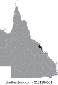 Black flat blank highlighted location map of the SHIRE OF HINCHINBROOK AREA inside gray administrative map of areas of the Australian state of Queensland, Australia