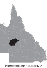 Black flat blank highlighted location map of the SHIRE OF WINTON AREA inside gray administrative map of areas of the Australian state of Queensland, Australia