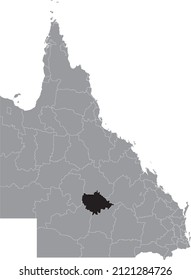 Black flat blank highlighted location map of the BLACKALL-TAMBO REGION AREA inside gray administrative map of areas of the Australian state of Queensland, Australia