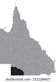 Black flat blank highlighted location map of the SHIRE OF BULLOO AREA inside gray administrative map of areas of the Australian state of Queensland, Australia