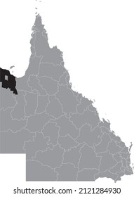 Black flat blank highlighted location map of the SHIRE OF BURKE AREA inside gray administrative map of areas of the Australian state of Queensland, Australia