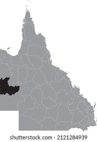 Black flat blank highlighted location map of the SHIRE OF BOULIA AREA inside gray administrative map of areas of the Australian state of Queensland, Australia